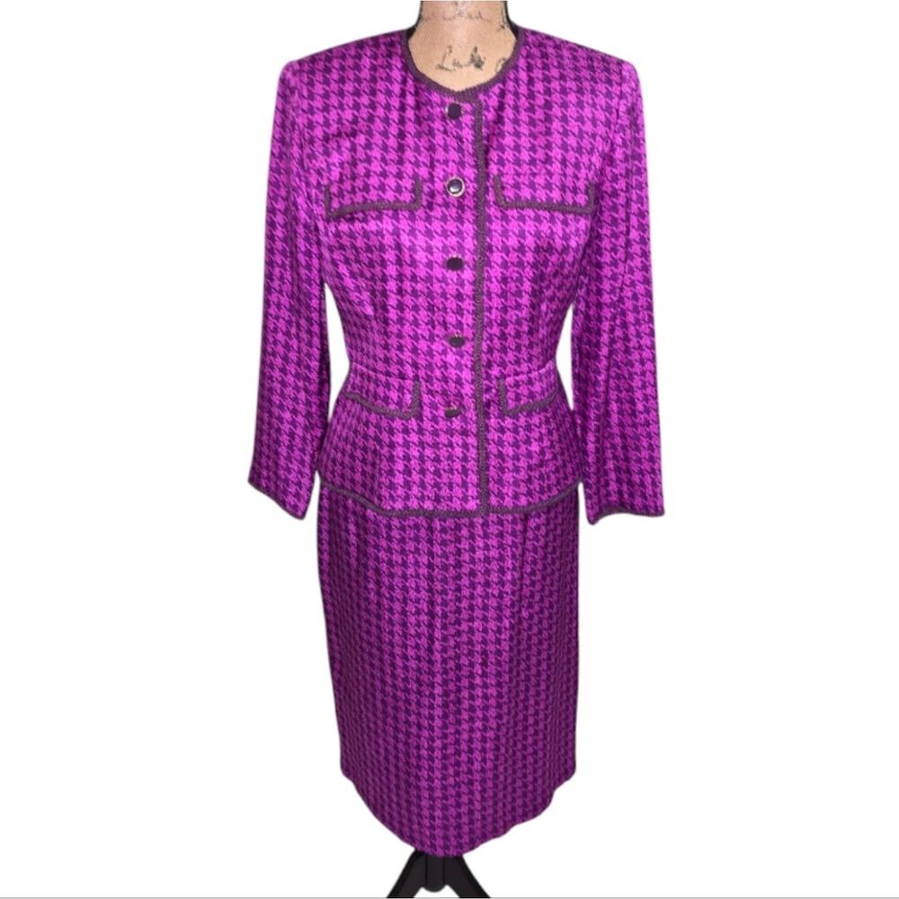 Adrianna Papell Elegant Purple Houndstooth 100% Silk Vintage Skirt Suit 10 P PET